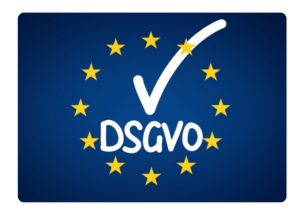 GDPR compliance logo: white checkmark over 'DSGVO' on blue background with a circle of yellow EU stars.