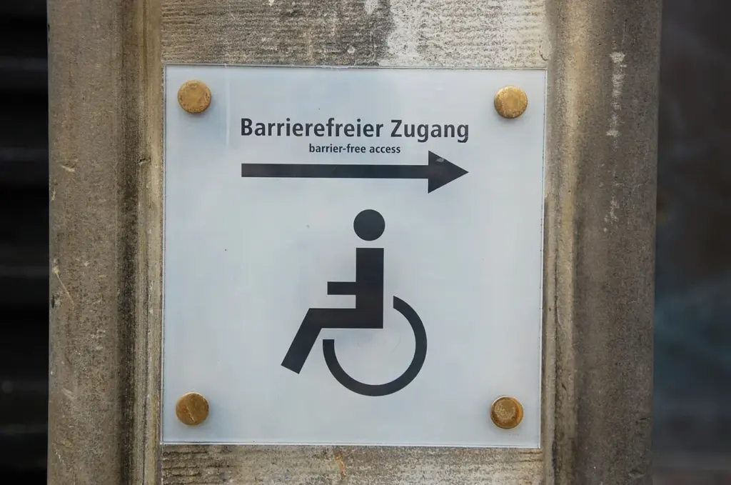 Sign indicating barrier-free access for wheelchair users; arrow points to the right.