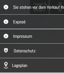 German site navigation panel with links: Exposé, Impressum, Datenschutz, and Lageplan (info icons beside each item).
