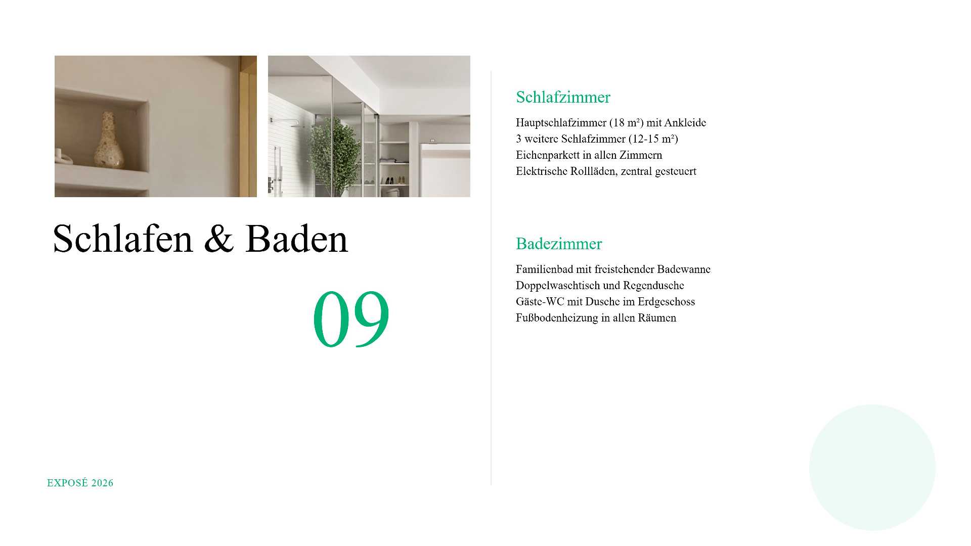 Two small interior photos (bathroom and bedroom) beside a German page header reading Schlafen & Baden with a teal 09. Layout shows bathroom and closet images next to bold typographic title Schlafen & Baden and the teal numeral 09.