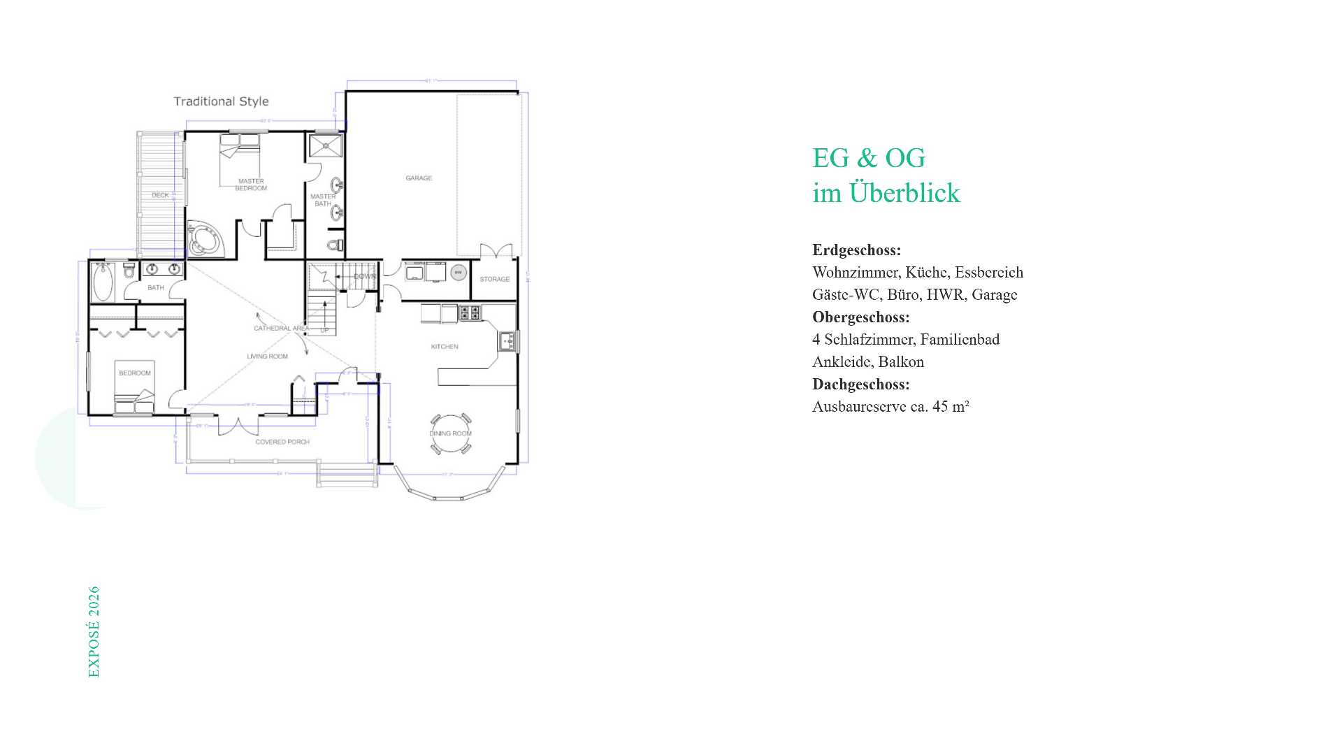 Grundriss eines Hauses: Erdgeschoss mit Wohnzimmer, Küche, Essbereich, Garage und Balkon, daneben eine Textübersicht.