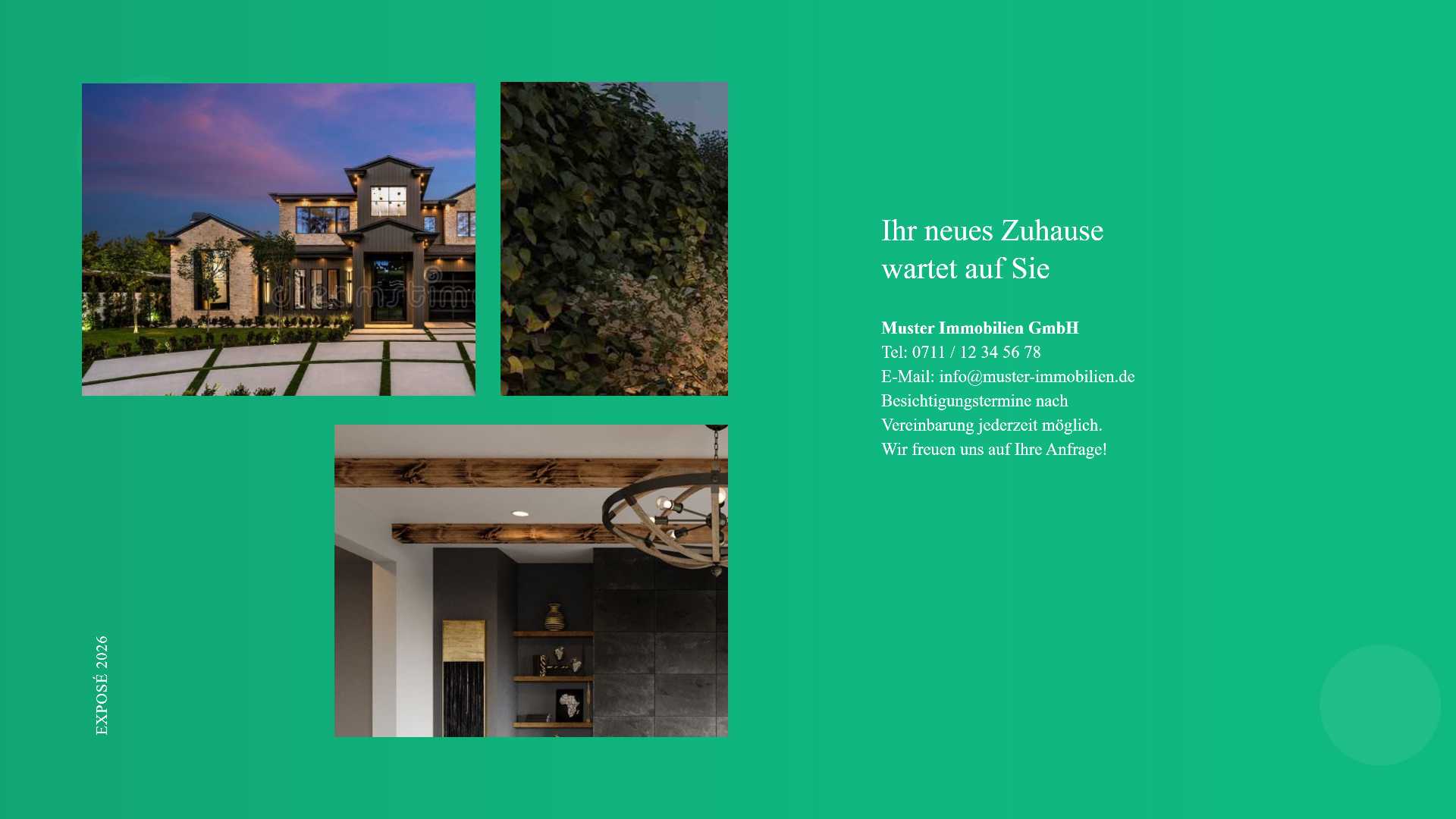 Collage showing: left—modern brick house at dusk; center—dense hedge; bottom—interior with wooden ceiling beams and chandelier; teal layout background on right with contact text.