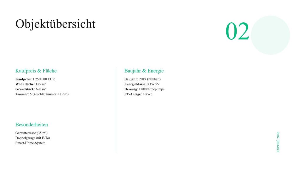 Doppelseiten-Layout eines Immobilienprospekts: Überschrift Objektübersicht, links Kaufpreis & Fläche, rechts Baujahr & Energie, grüne Akzente und Seitenzahl 02 rechts.