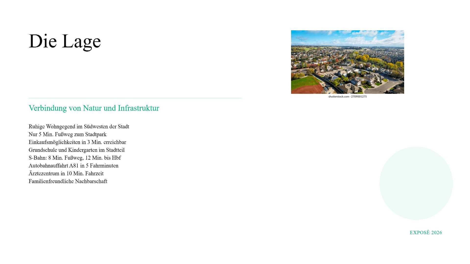 Page spread with the large title 'Die Lage', teal subtitle about connecting nature and infrastructure, bullet-point text on the left, and an aerial photo of a suburban town on the right; decorative mint circles in corners.