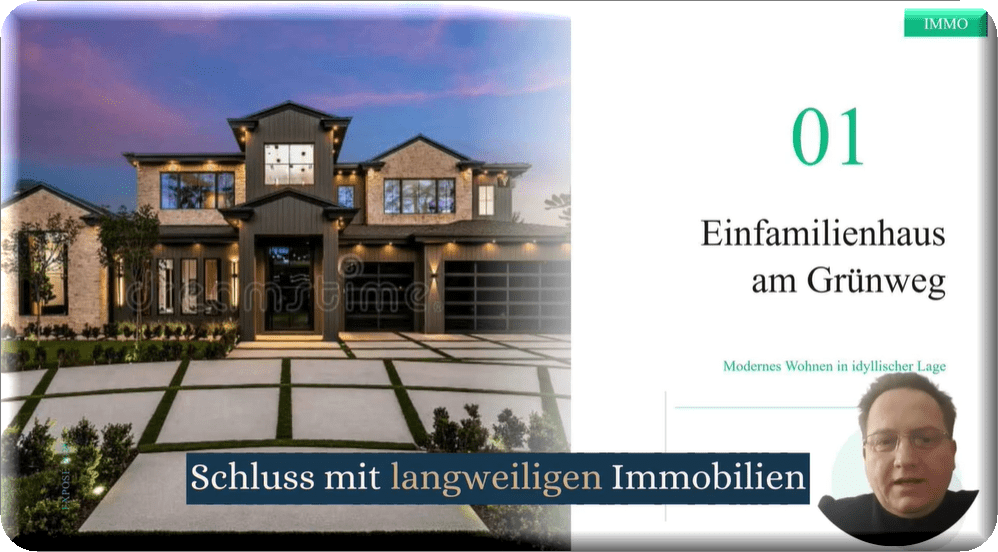 Front view of a modern two-story house with a patterned lawn; right side features real estate ad text '01 Einfamilienhaus am Grünweg' and a presenter inset in the bottom-right edge.