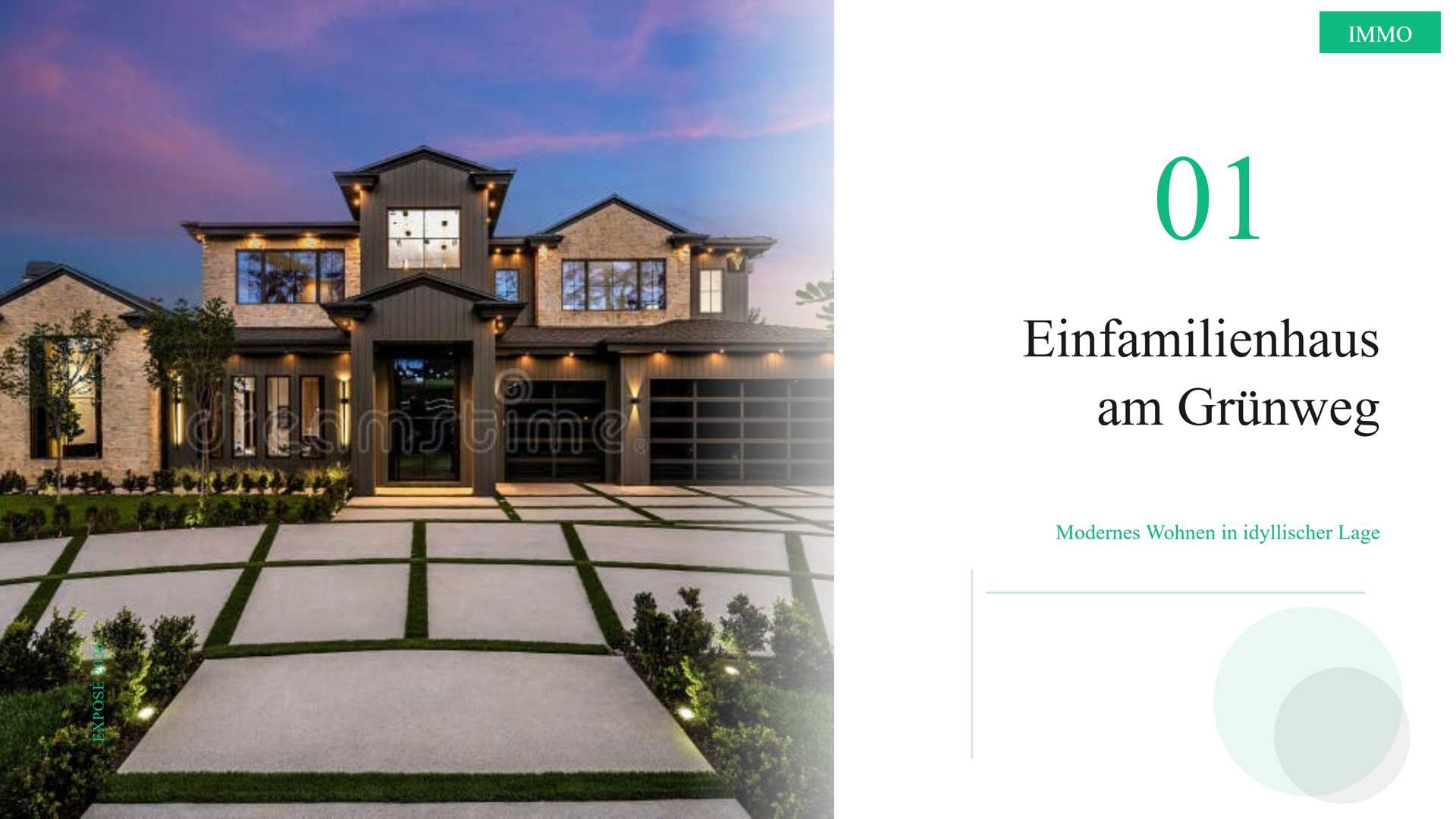Modern two-story brick house with a dark facade, warm exterior lights, and a manicured front yard at dusk, featuring a geometric driveway pattern.