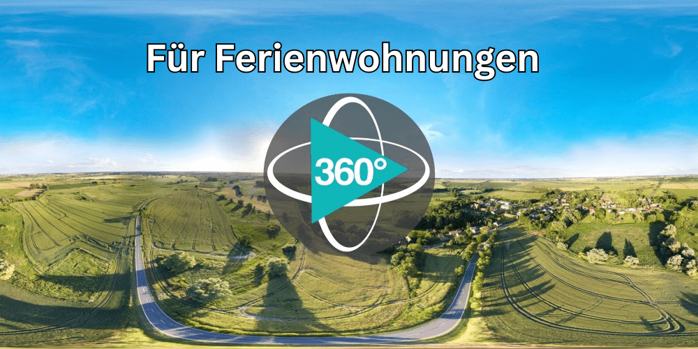 Promotional banner for vacation apartments with a panoramic countryside view and a 360° tour icon overlay.